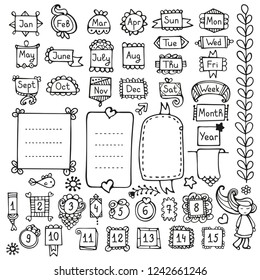 journal hand drawn vector elements for notebook, diary and planner. Doodle frames isolated on white background. 