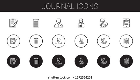 journal icons set. Collection of journal with notepad, news reporter, news report. Editable and scalable journal icons.