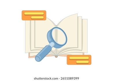 journal information search concept. journal, research paper. book, magnifying glass, message symbol. education, literature, and knowledge source. flat illustration on background.