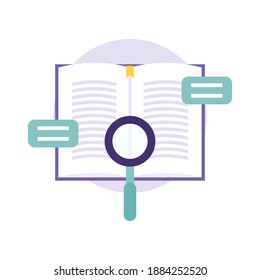 ein Konzept für die Suche nach Journalinformationen. Illustration eines Buches, Vergrößerungsglas, Nachrichtensymbol. Bildung, Literatur und Wissensquellen. Flachstil. Vektordesign-Elemente.