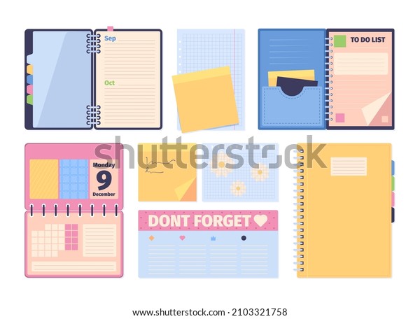 Journal. Planners travel books sketchbooks\
with paper notes creative diary top view notepad garish vector flat\
templates collection