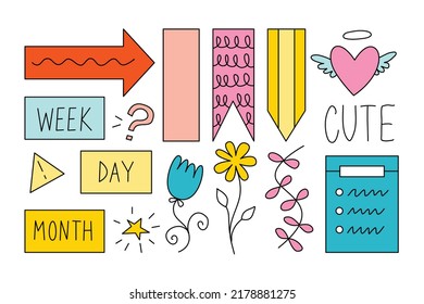 Journal Signs and symbols planner. Clipart scrapbooking, for notebooks, diary. Vector illustration