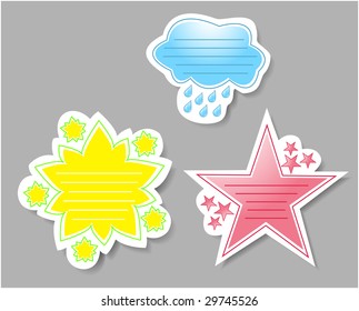 Journal stamps or stickers: Blue Rainy Cloud, Yellow and Green Daisy, and Red Star.