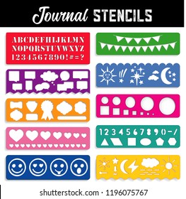 Journal Stencils, ten templates to create text, art, graphics for journals, travel, day books, bullet journal,  diary: alphabet, numbers, shapes, emojis, word bubbles, badges, pennants, weather icons 