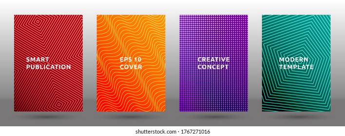 Journal templates vector collection. A4 halftone pattern covers. Title pages with halftone texture geometric design. Gradient publication cover page layouts. Dynamic backgrounds.