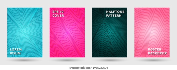 Journal templates vector collection. Abstract halftone pattern covers. Front pages with halftone waves texture geometric design. Gradient curves cover page layouts. Dynamic patterns.