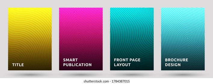 Journal templates vector collection. Flat halftone pattern covers. Circle, hexagon, rhombus halftone texture geometric design. Gradient lines front page layouts. Parallel stripes geometry.