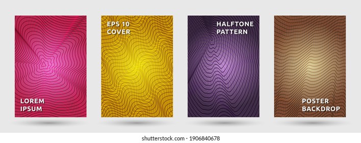 Journal templates vector collection. Futuristic halftone pattern covers. Title pages with halftone waves texture geometric design. Gradient curve lines cover page layouts. Topographic backgrounds.
