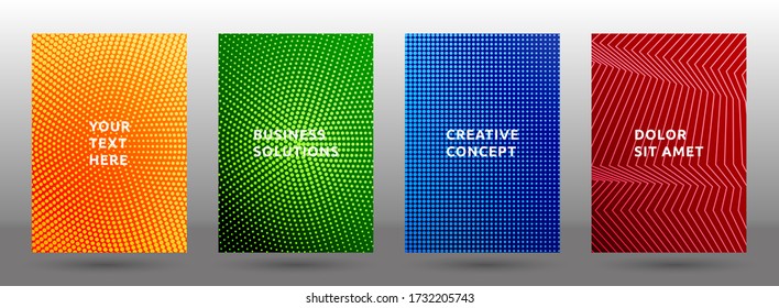 Colección vectorial de plantillas de diario. Fundas de patrón de media tonalidad gruesa. Páginas de título con diseño geométrico de textura de semitono. Diseños de páginas de portada de degradado comercial. Fondos dinámicos.