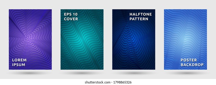 Journal templates vector collection. Vibrant halftone pattern covers. Title pages with halftone waves texture geometric design. Gradient curve lines cover page layouts. Dynamic backdrops.