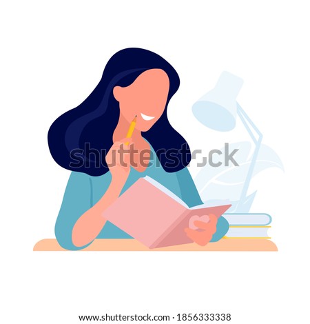 Journal writing. Girl diary. Student studying with book. Vector