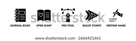 Journaling banner web icon illustration concept with icon of journal book, open diary, pen tool, bullet points, and writing hand