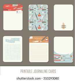 Journaling cards, notes, stickers, labels, tags with cute decorative illustrations. Template for scrapbooking, wrapping, notebooks, notebook, diary, decals. Vintage vector art tools.