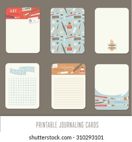 Journaling cards, notes, stickers, labels, tags with cute decorative illustrations. Template for scrapbooking, wrapping, notebooks, notebook, diary, decals. Vintage vector art tools.
