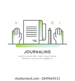 Journaling concept with writing, self-reflection, emotional expression, mental clarity, personal growth, mindfulness, and daily habits in outline vector style for wellness and creativity, icon logo