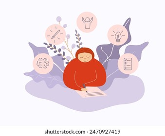 Journaling , diary, young woman, student girl writing in notebook. Flat vector illustration. Benefits of journaling. 