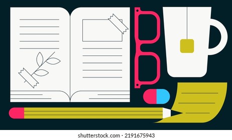 Journaling flat illustration. Personal diary with notes, pencil, glasses, eraser and cup of tea. Hobby, free time, scrapbooking, reading and writing concept. Simple colourful cartoon design.