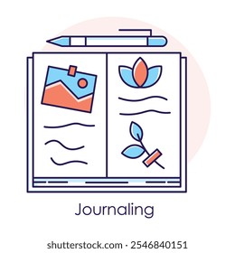Journaling Icon – An Open Notebook with a Pen Symbolizing Reflective Writing.