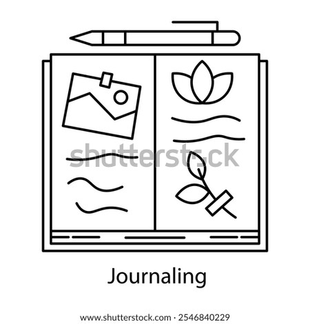 Journaling Icon – An Open Notebook with a Pen Symbolizing Reflective Writing.