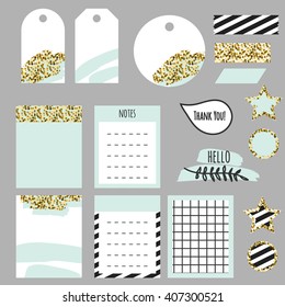 Journaling planner card notes and tags. Memo stickers for organizers and diary. Gold glitter and pastel mint accents decor.