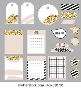 Journaling planner card notes and tags. Memo stickers for organizers and diary. Gold glitter and pastel pink accents decor.