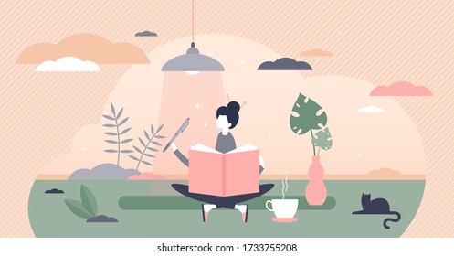 Journaling vector illustration. Writing daily diary flat tiny persons concept. Self expression in text note as psychological trauma therapy or treatment. Style of communication as stress reliever.