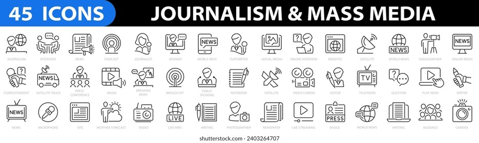 Juego de iconos de Periodismo 45. Medios masivos. Iconos de noticias. Periodista, noticias, micrófono, entrevista, reportero, podcast, periódico, conferencia de prensa. radio, medios y más. Ilustración del vector