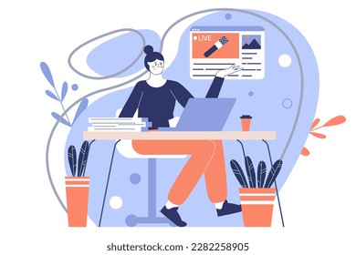 Journalism blue concept with people scene in the flat cartoon design. Journalist writes a new article for an Internet site. Vector illustration.