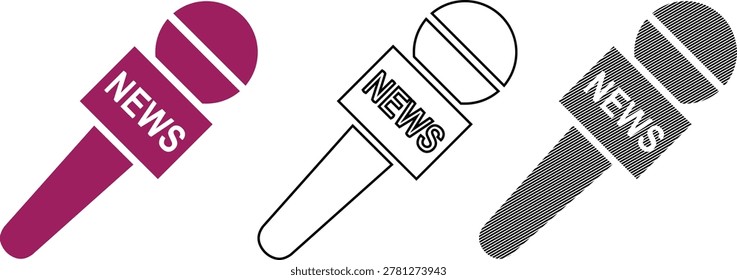 Journalism broadcast microphone news vector illustration set for media interview reportage. Professional equipment graphics for press events and reporting communications work.