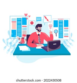 Journalism concept. Editor works in editorial office of online media or newspaper and selects articles from journalists character scene. Vector illustration in flat design with people activities