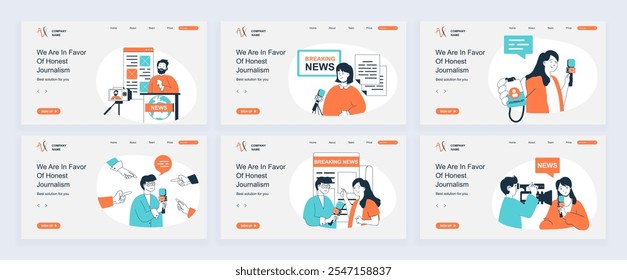 Journalism concept of landing page with slide templates set in flat design. Website headers with people talk break news in tv show, take interview or comments with journalist id. Vector illustrations.