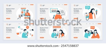 Journalism concept of landing page with slide templates set in flat design. Website headers with people talk break news in tv show, take interview or comments with journalist id. Vector illustrations.