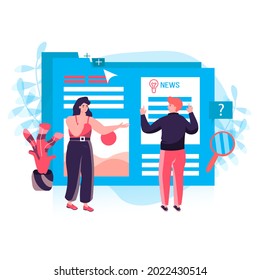 Journalism concept. Man and woman journalists write news and articles for online media. Content writers working at mass media character scene. Vector illustration in flat design with people activities