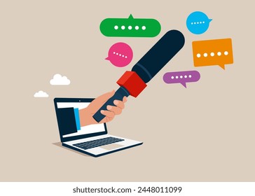 In: Journalism concept. Medieninterview mit dem Dialogfeld "Kreative Sprechblase". flache Vektorillustration