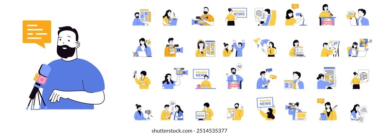 Journalism concept mega set with character scenes in flat design for web. Bundle situations with people talk breaking news, work in tv show, take interview, making reportage. Vector illustrations.