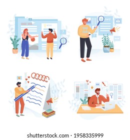 Journalism concept scenes set. Journalist writes article, online media publish post, news on publication website. Collection of people activities. Vector illustration of characters in flat design