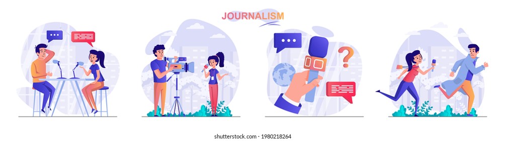 Journalism concept scenes set. Journalist interviews, reportage records reportage, paparazzi, work on television. Collection of people activities. Vector illustration of characters in flat design