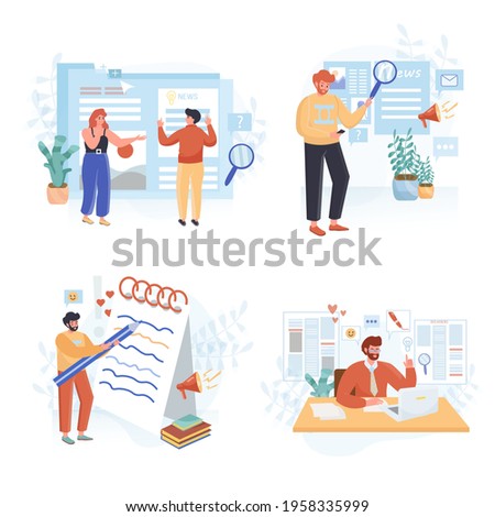 Journalism concept scenes set. Journalist writes article, online media publish post, news on publication website. Collection of people activities. Vector illustration of characters in flat design