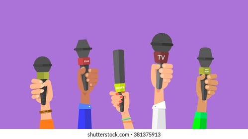 Journalism concept . Set of hands holding microphones. Press hands flat hand. Microphone. Hands holding microphones. Journalist. Microphone vector. Set of microphones Isolated. Hand with microphone.