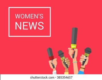 Concepto de periodismo . Juego de manos con micrófonos. Presione las manos llenas. Micrófono. Manos sosteniendo micrófonos. Periodista. Noticias sobre las mujeres. Conjunto de micrófonos aislados. Mano con micrófono.