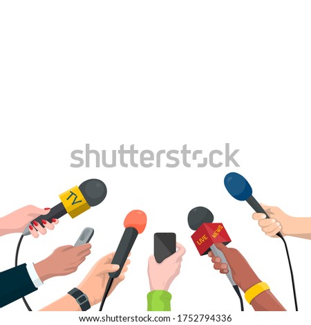 Journalism Concept Vector Illustration in Cartoon Style. Set of Hands Holding Microphones and Voice Recorders. Hot News Template, Isolated on White Background