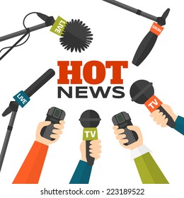 Journalism concept vector illustration in flat style. Set of hands holding microphones and voice recorders. Hot news template. Press illustration