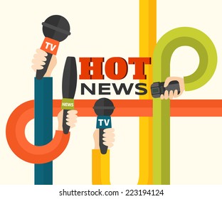 Journalism concept vector illustration in flat style. Vector illustration of intertwined hands with microphones and recorders. Hot news template. Press illustration