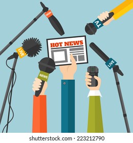 Journalism concept vector illustration in flat style. Set of hands holding newspaper, microphones and voice recorders. Hot news template. Press illustration