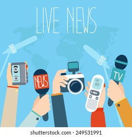 Journalism concept vector illustration in flat style, live report concept, live news, hands of journalists with microphones, camera and tape recorders.