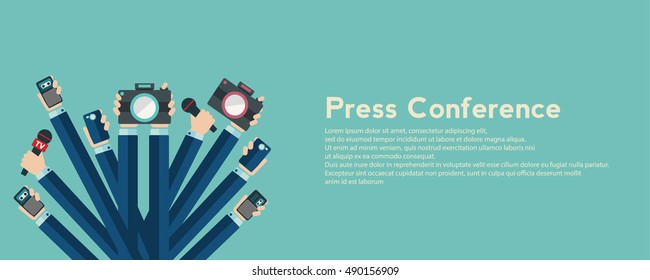 Journalism concept vector illustration in flat style.Vector live report concept, live news, hands of journalists with microphones, camera and tape recorders