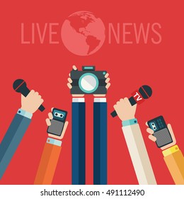 Journalism concept vector illustration in flat style.Vector live report concept, live news, hands of journalists with microphones, camera and tape recorders