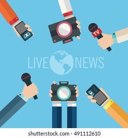 Journalism concept vector illustration in flat style.Vector live report concept, live news, hands of journalists with microphones, camera and tape recorders