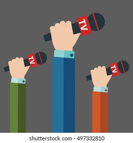 Journalism concept vector illustration in flat style. Set of hands holding microphones.