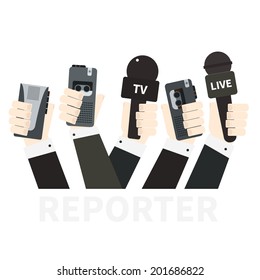 Journalism concept vector - set of hands holding microphones and voice recorders. Live news template. Press illustration.